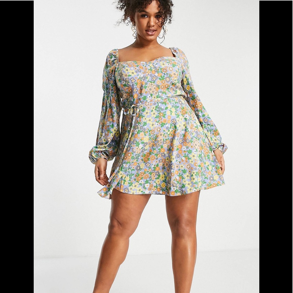 ASOS Curve Floral Mini Dress in Pastel Green and Yellow